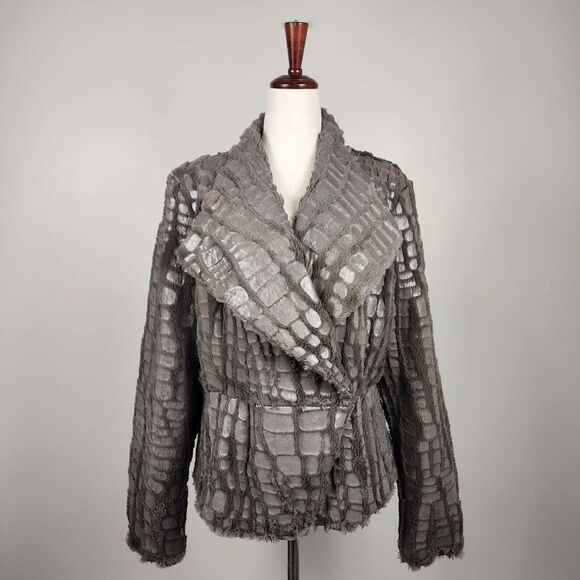 SAO PAOLO | Faux Fur Metallic Crocodile Print Jacket Size 14 Grey Animal Print - Picture 1 of 11